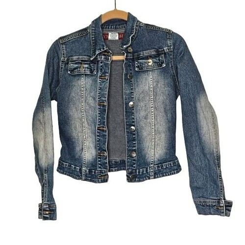 Ymi Women’s Midi Denim Blue Jean Jacket Button Closure Acid Wash Fading Size M - Picture 1 of 9