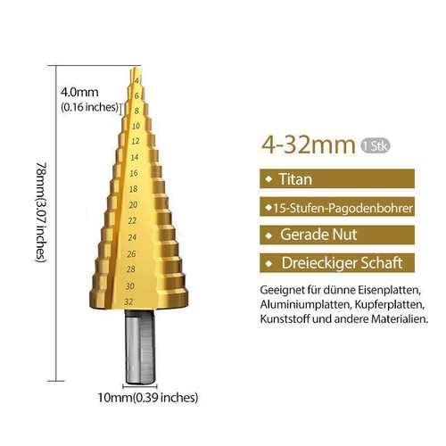 HSS-4241 Titan-Stufenbohrer-Set mit dreieckigem SchaftStufenlochschneider - Bild 18 von 18