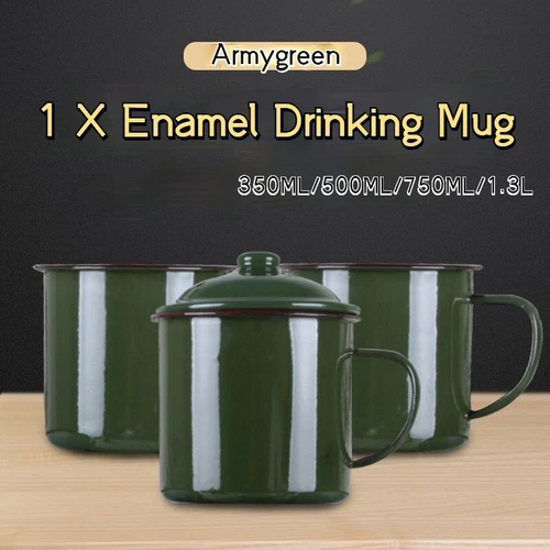 Armygreen Enamel Mug Vintage Travel Camping Tea Cup with Lid Drinkware - Imagen 2 de 7