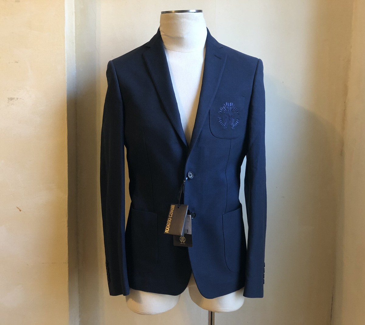 ROBERTO CAVALLI NAVY BLUE WOOL WOVEN EMBROIDERED JACKET BLAZER 40