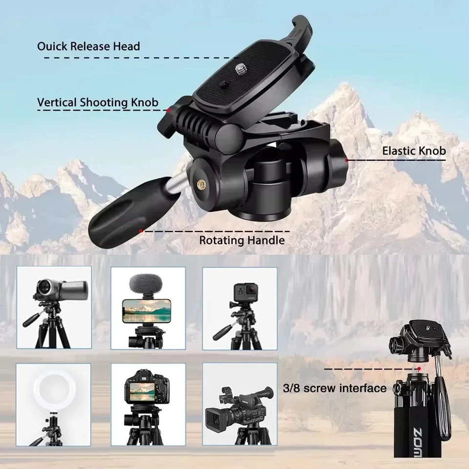 Zomei 187cm Aluminium Tripod DSLR Camera Stand 360° Panoramic Phone Mount - Image 3 of 4