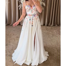 Colorful Flowers Embroidery Spaghetti Strap Wedding Dresses Sweep Train Lace-Up