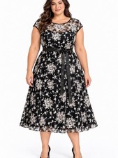 Candalite Black White Floral Lace Maxi Dress Women’s 2X Belted Formal