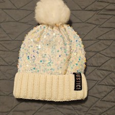 Justice Ivory Sequin Pom-Pom Knit Lined Girls Beanie Hat Acrylic Winter Solid