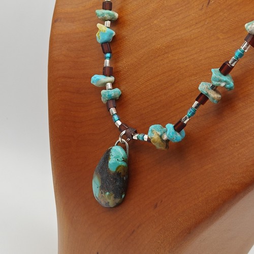 16" Handmade Artisan Turquoise Teal Beaded Pendant Necklace Silver Tone Clasp - Picture 2 of 8