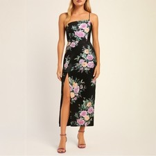 NWT Lulus Keepin' It Chic Black Floral Satin One-Shoulder Midi Dress Size Medium