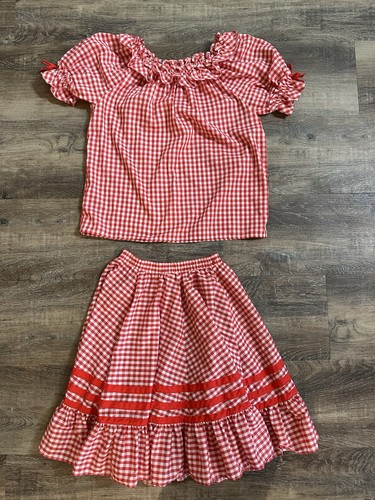 Vtg Square Dance Shirt Skirt Outfit Red Gingham Ruffle Full Circle Rockabilly