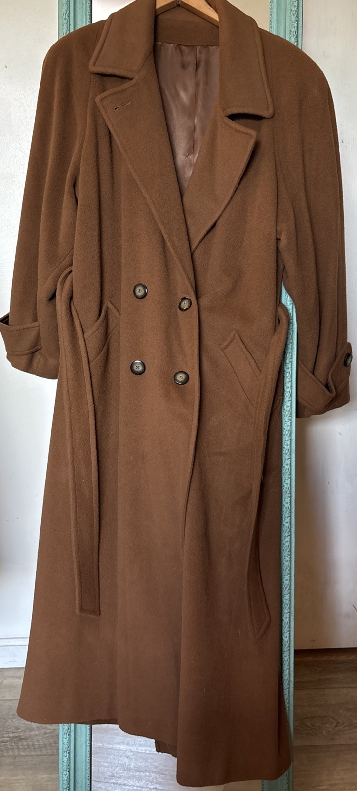 Long camel-toned cashmere wrap coat with tie belt, a 1970s Saks Fifth Avenue label piece
