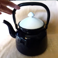 1950s Graniteware Tea Kettle Dark Blue White Lid Interior Huta Silesia Poland 18