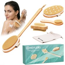 Nevlers Natural Boar Bristle Dry Brush for Body Massage 5 Piece Set,