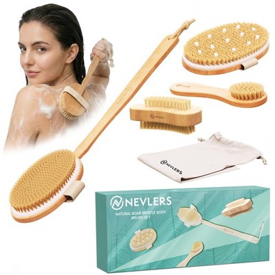 Nevlers Natural Boar Bristle Dry Brush for Body Massage 5 Piece Set, 