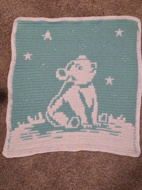 Blue & White Knit/Crochet Bear Crib Blanket Unisex Baby Nursery Throw.