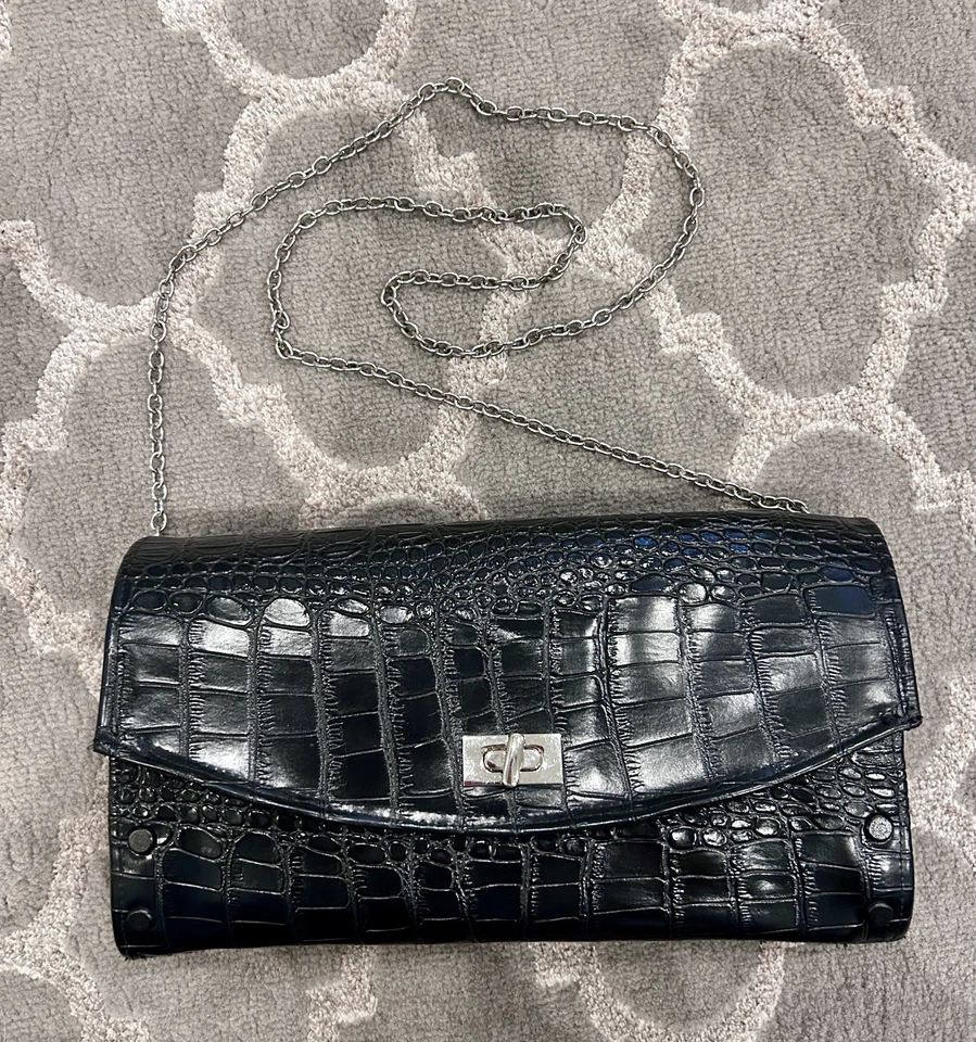 Bolso sin asas/brugada vintage de madera y negro de cocodrilo con herrajes plateados Foto 4 de 4