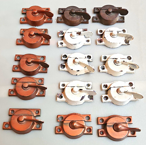 Lot 15 Cast Brass Window Latches w/ Striker Plates, Painted Brown/White