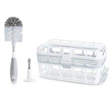 Gray Kitchen 3 Piece Baby Bottle Cleaning Brush Set and Dishwasher Basket