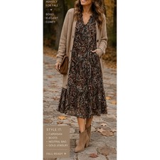 Fall Paisley Dress Women’s 8 Long Sleeve Brown Teal Rust Boho Aesthetic Midi