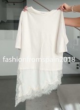 ZARA NEW WOMAN ASYMMETRIC HEM COMBINATION LACE T-SHIRT ECRU XS-L 4813/858/712