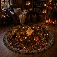 Halloween Haunted Well Round Rug, 3D Ghost Skeleton Black Cat Carpet Choose Size