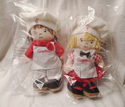 Campbell Soup Kids Dolls Boy & Girl Chef 8'' Plush Beanie Dolls 1999 Campbell's