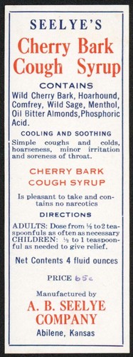 Vintage label SEELYES Cherry Bark Cough Syrup Abilene Kansas new old stock nrmt+