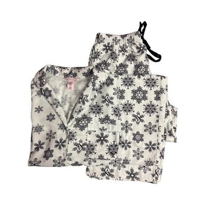 Victorias Secret Womens White Black Snowflake Flannel Pajama Set Small VS Logo