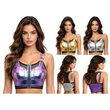 Women Tops Sleeveless Vest Workout Lingerie Metallic Bra Sexy Clubwear Zipper