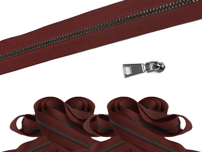 Continuous Zipper Chain by Feet, Unfinished Zipper - Metal #5 Black, Red Tape