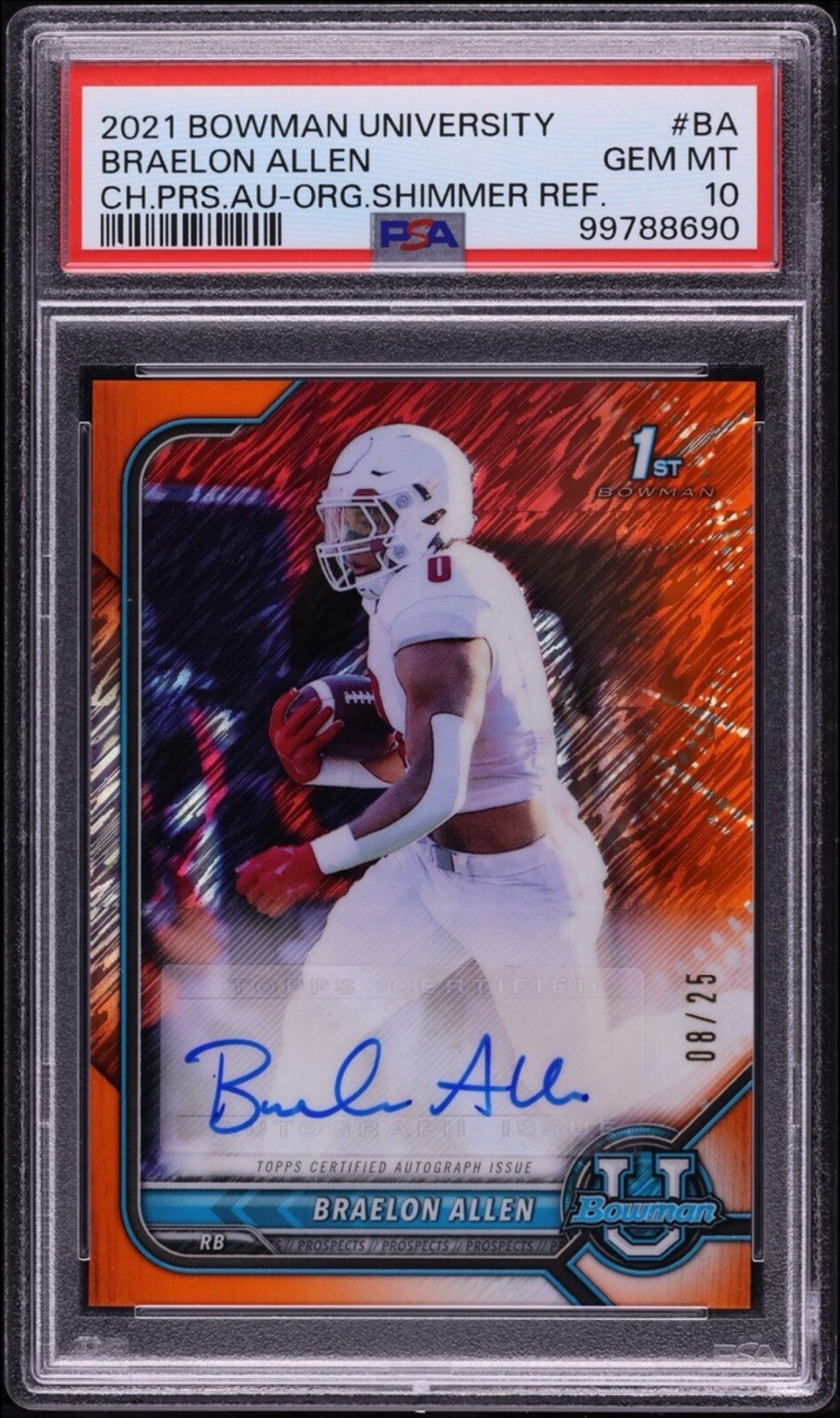 2021 BRAELON ALLEN 1st Bowman University Orange Shimmer Ref AUTO /25 PSA 10 💎