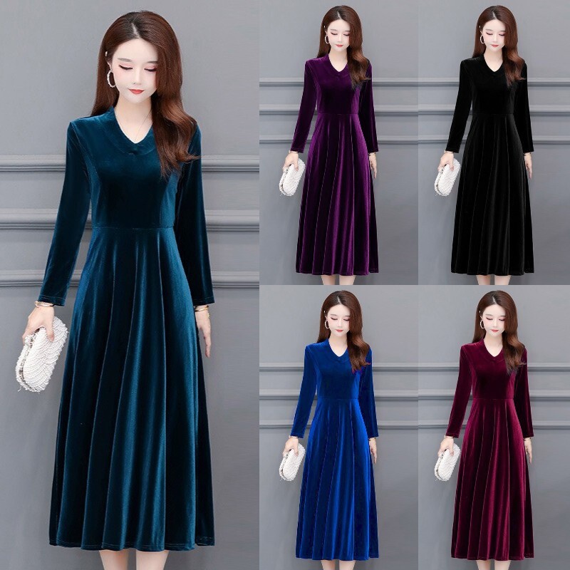 Women Swing Dress Velvet Velour V-neck Long Sleeve Solid Workwear