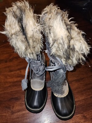 SOREL JOAN ARCTIC WATERPROOF WINTER BOOTS SUEDE GRAY FAUX FUR SIZE 9, 