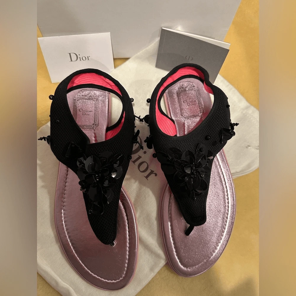 Sandales à sangle en T imprimées en nylon noir Christian Dior taille 41, neuves avec étiquettes