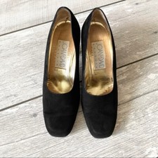 VTG 90s Joan David Suede Square Toe Pump Stacked Block Heel 8 US Black Italy