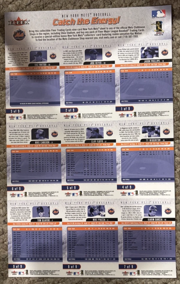2004 FLEER NEW YORK POST NEW YORK METS CATCH THE ENERGY UNCUT CARD SHEET - Image 2 of 2