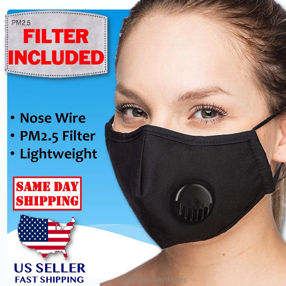 Reusable Washable Face Mask Breathing Air Valve + PM2.5 Carbon Filter (Black) - Image 2 of 4