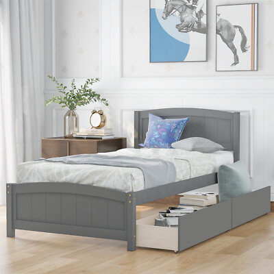Twin Size Bed Frame Wood Platform Bed w/ Headboard & 2 Drawer Gray/Espresso US