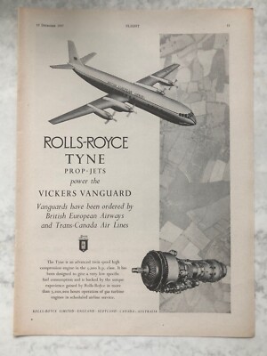 1957 Aircraft Advert ROLLS ROYCE TYNE PROP-JETS VICKERS VANGUARD ENGINE BEA