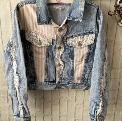 RARE Vintage 80s DAKOTA BLUE Leopard/Stripe Pattern Crop DENIM JACKET Sz L  NEW!