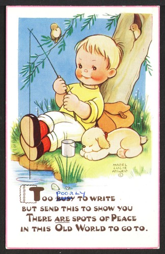 Signed Mabel Lucie Attwell 1962 Valentine’s Postcard #6134 Boy & Dog Fishing VG