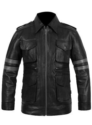 Leon Kennedy Resident Evil 6 Gray Stripes Cafe Racer Genuine Leather Jacket