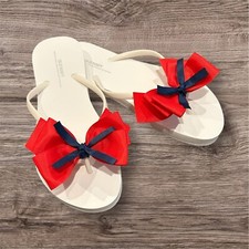 Women's Flip Flops Sandals w Bow Size 6 American Flag 4th of July Red White Blue