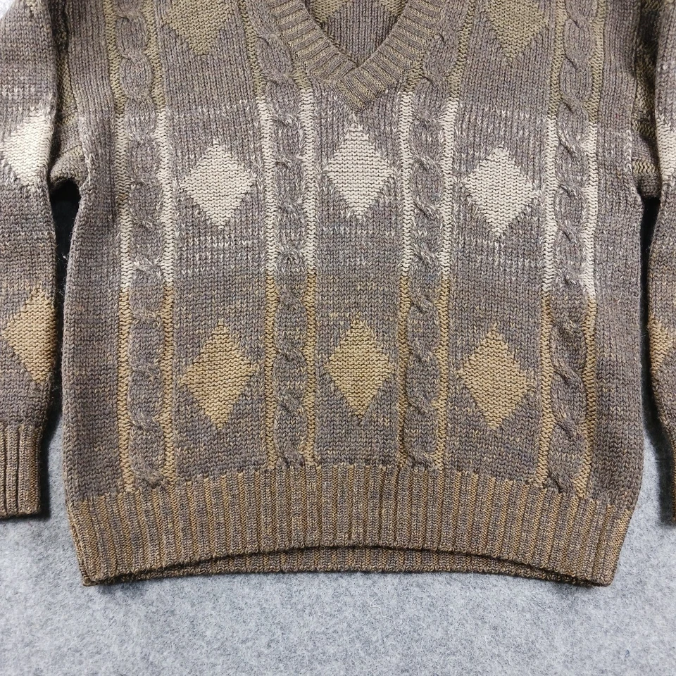 Trader Bay Sweater Mens Size XL Brown Argyle Cable Knit V Neck Grandpa Knit VTG - Image 3 of 4