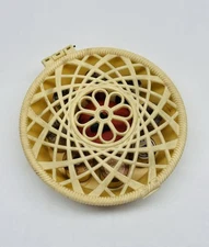 Vintage Sewing Basket "Dresden Pie" Celluloid Plastic 6" w/ Pin Cushion & Spools