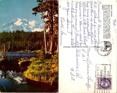 Mount Rainier Postcard 1952 Washington Reflection Lake Vintage Used Postmark
