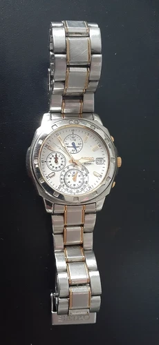 Vintage SEIKO V657-9029 Chronograph Orig Brace Two Tone Steel Gold Needs Battery