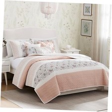 100 Cotton Quilt Set Floral Print, Double Sided Stitching, Full/Queen Blush