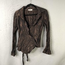 Fille D'Avril Blouse Womens T1 Brown Crinkle Wrap Tie Waist Ruffle Top Textured