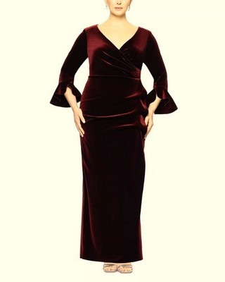 xscape burgundy dress Wine Velvet V-Neck Long Sleeve Gown Size 16W $268 Velvet gown