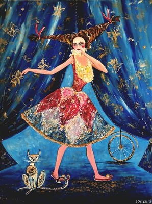 XXL 60/80cm Frau Katze Original Acryl Gemälde - Handgemalt Leinwand - Naive Art