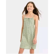 Art Class Cami Dress Girls Size 6/7 Green Linen Floral