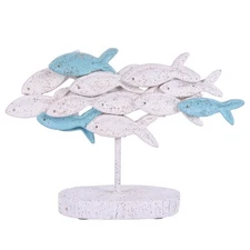 Fish Sculpture Figurine School – White and Blue Fish Statue for Coastal Na